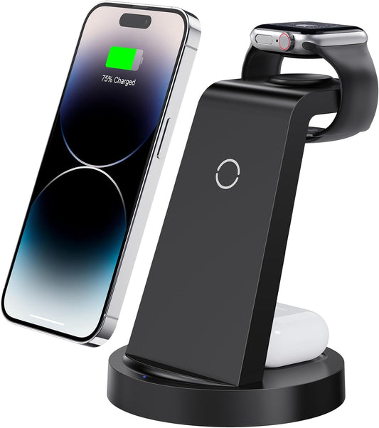 3 in 1 Charging Station for iPhone, Wireless Charger for iPhone 16 15 14 13 12 11 X Pro Max & Apple Watch - Wireless Charging Station for AirPods 4 3 Pro