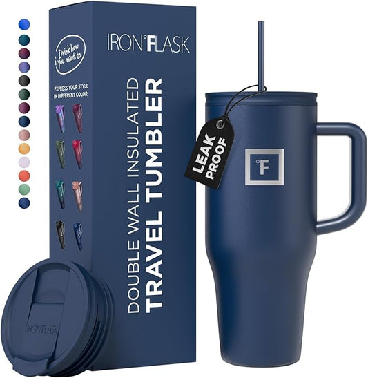 IRON °FLASK Co-Pilot Insulated Mug w/Straw & Flip Cap Lids - Cup Holder Bottle for Hot, Cold Drink - Leak-Proof - Water, Coffee Portable Travel Mug - Twilight Blue, 32 Oz