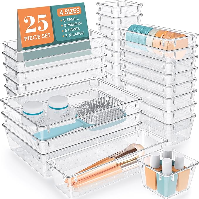 25 Pc Clear Plastic Drawer Organizer Set