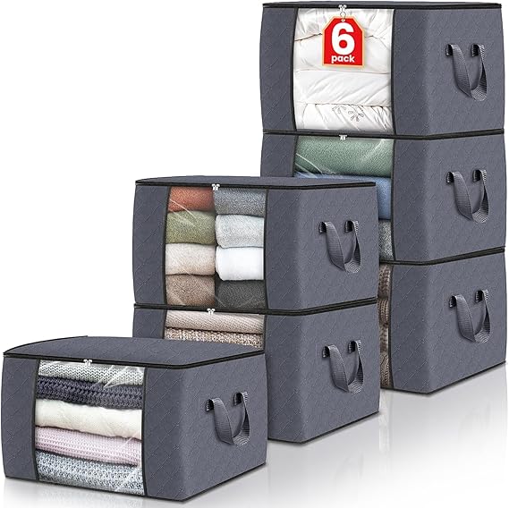 6 Pack Clothes Storage, Foldable, Storage with Handle, Grey